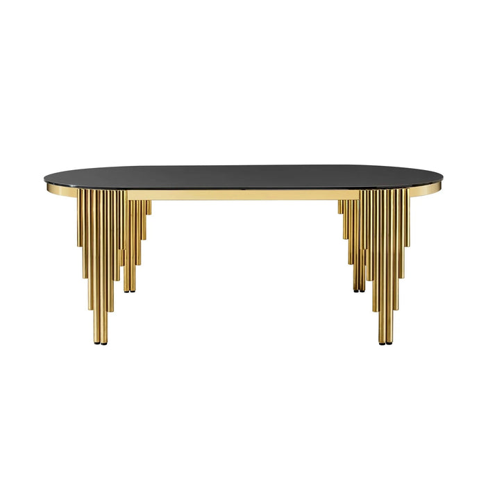 79.53 in. Oval Dining Table with Black Glass Top and Gold Stainless Steel Base, 8 Seats Default -DTYStore