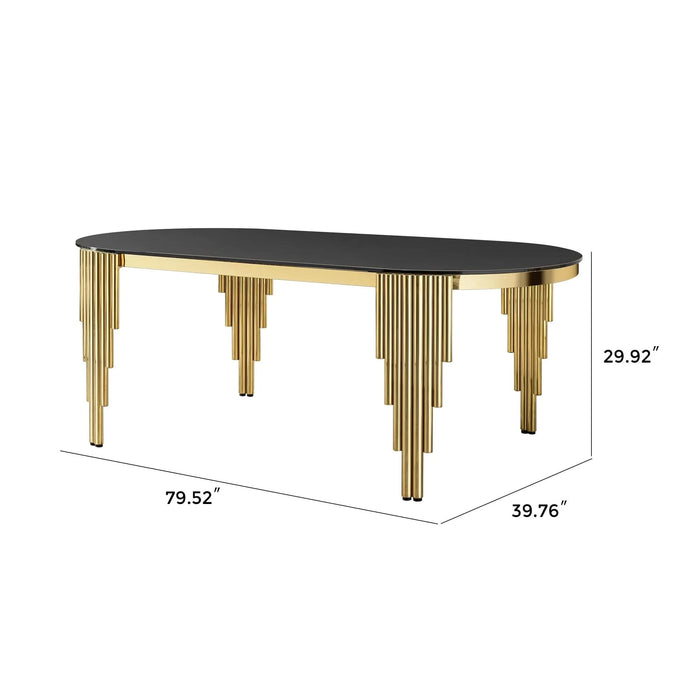 79.53 in. Oval Dining Table with Black Glass Top and Gold Stainless Steel Base, 8 Seats Default -DTYStore