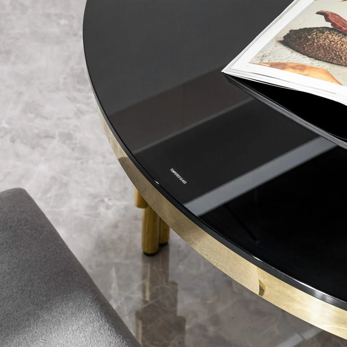 79.53 in. Oval Dining Table with Black Glass Top and Gold Stainless Steel Base, 8 Seats Default -DTYStore