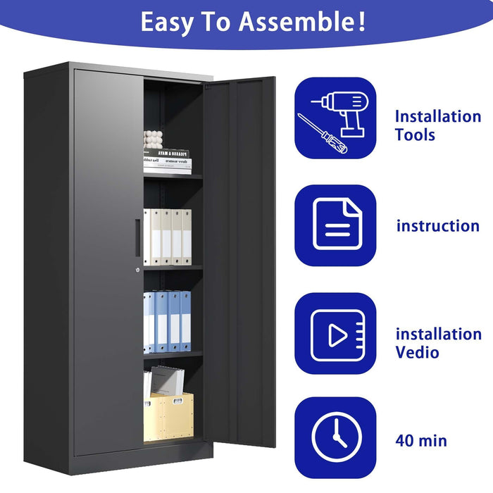 71"H Metal Garage Storage Cabinet, Black Tool Steel Locking Cabinet with Doors and 3 Shelves, Tall Cabinets for Garage Storage Systems Lockable File Cabinet for Home Office, Classroom/Pantry - DTYStore