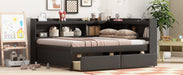 Full Size L-shaped Bookcases Bed with Power Outlets, USB Charging Ports,Two Drawers,Espresso - DTYStore