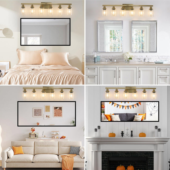 Golden 6-Light Vanity Light with Clear Glass Shades, Modern Iron Metal Bathroom Wall Fixture for Mirror, Ideal for Bathroom and Dressing Table (No Bulbs) - DTYStore