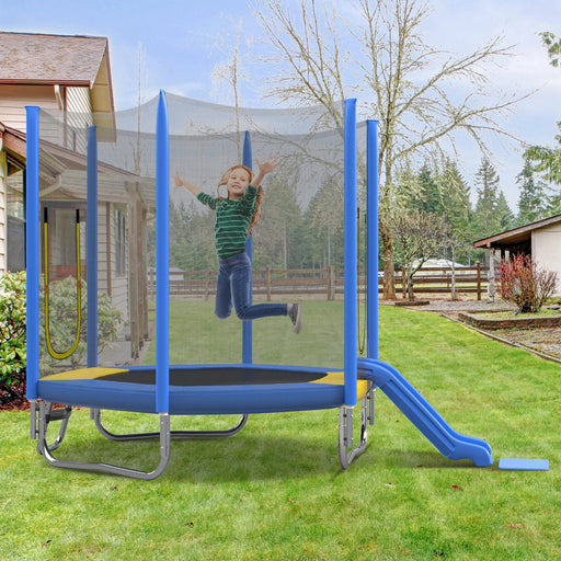 7FT Trampoline for Kids with Safety Enclosure Net, Slide and Ladder, Easy Assembly ,Regular Hexagon Outdoor Recreational Trampoline, Blue Default -DTYStore
