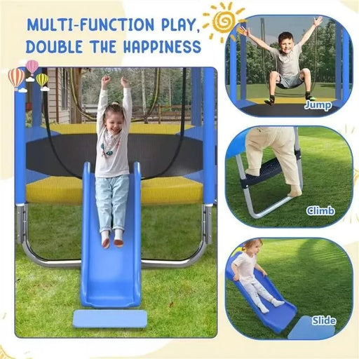 7FT Trampoline for Kids with Safety Enclosure Net, Slide and Ladder, Easy Assembly ,Regular Hexagon Outdoor Recreational Trampoline, Blue Default -DTYStore