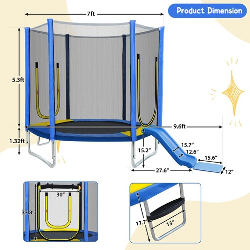 7FT Trampoline for Kids with Safety Enclosure Net, Slide and Ladder, Easy Assembly ,Regular Hexagon Outdoor Recreational Trampoline, Blue Default -DTYStore