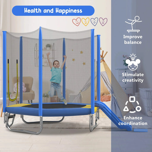7FT Trampoline for Kids with Safety Enclosure Net, Slide and Ladder, Easy Assembly ,Regular Hexagon Outdoor Recreational Trampoline, Blue Default -DTYStore