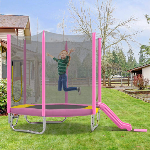 7FT Trampoline for Kids with Safety Enclosure Net, Slide and Ladder, Easy Assembly ,Regular Hexagon Outdoor Recreational Trampoline, Pink Default -DTYStore