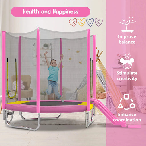 7FT Trampoline for Kids with Safety Enclosure Net, Slide and Ladder, Easy Assembly ,Regular Hexagon Outdoor Recreational Trampoline, Pink Default -DTYStore