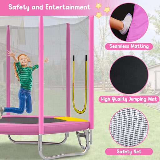 7FT Trampoline for Kids with Safety Enclosure Net, Slide and Ladder, Easy Assembly ,Regular Hexagon Outdoor Recreational Trampoline, Pink Default -DTYStore