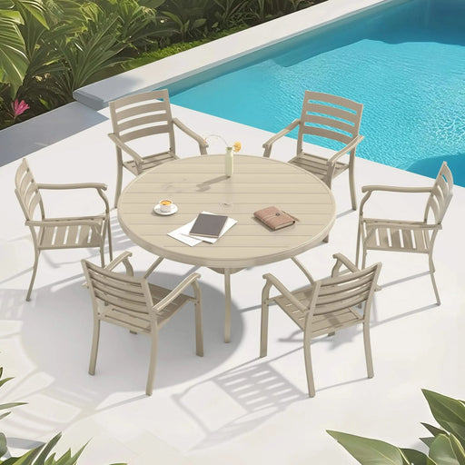 7 Pieces Outdoor Patio Dining Set, 6 Stackable Metal Dining Chairs and 52.95' Round Metal Dining Table, Outdoor Table and Chairs for Lawn Garden Backyard Deck Default -DTYStore