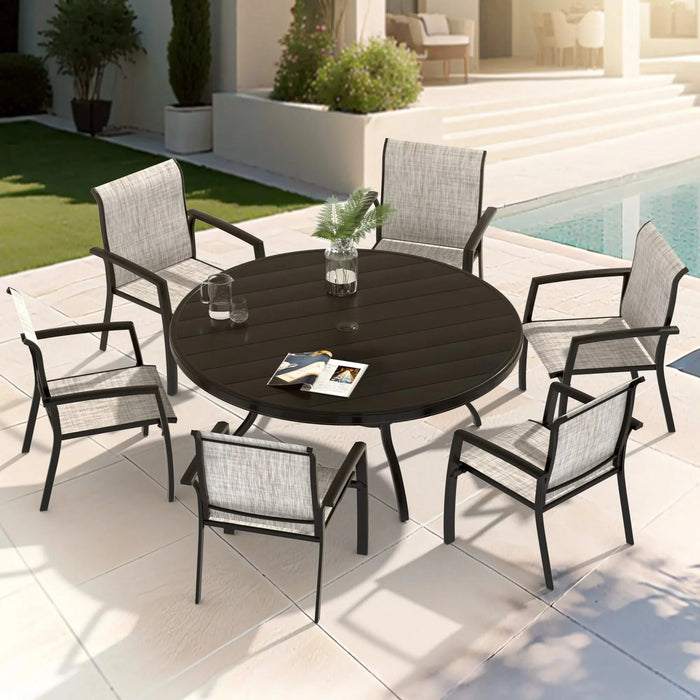 7 Pieces Patio Dining Set, Patio Furniture Set of 6 Patio Stackable Dining Chairs and 52.95' Outdoor Metal Round Table Default -DTYStore