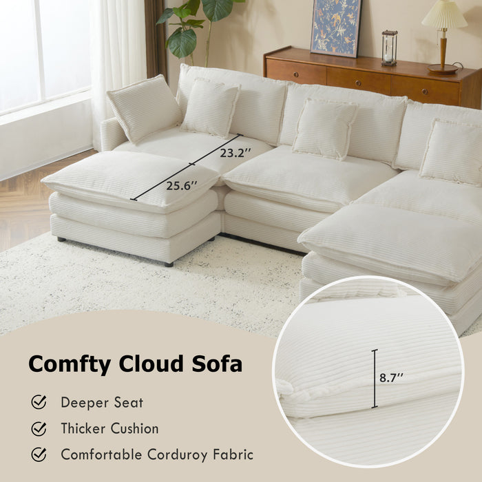 112.6" Modern Sofa Modular Sofa Couch Upholstered Corduroy L-Shape Sectional Sofa with Side Storage Pockets for Living Room, Beige