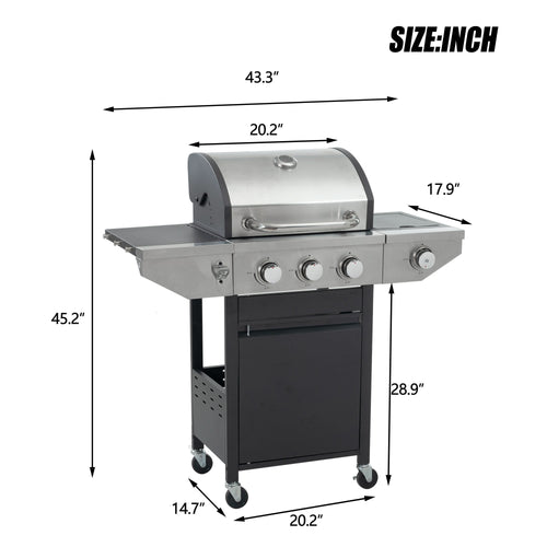 Propane Grill 3 Burner Barbecue Grill Stainless Steel Gas Grill with Side Burner, 37,000 BTU Outdoor Cooking, Patio, Garden Barbecue Grill, Black and Silver - Image 4