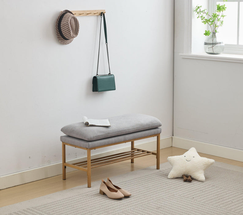 End of Bed Bench with Shelf, Linen Upholstered Storage Shoe Bench, Modern Bedroom Bench with Metal Legs for Living Room, Entryway, Dining Room, 300 LB, Linen Color(Gray) - DTYStore