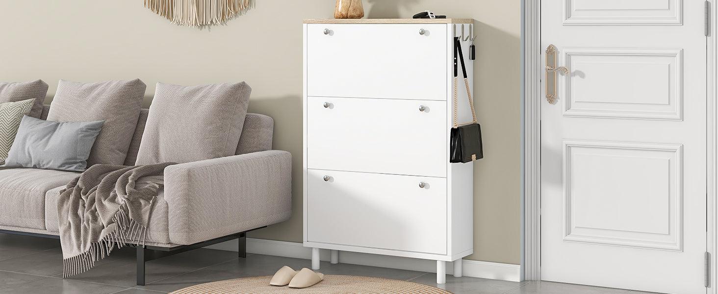 Narrow Design Tipping Bucket Shoe Cabinet with 3 Flip Drawers, Wood Grain Pattern Top Entryway Organizer with 3 Hooks, Free Standing Shoe Rack with Adjustable Panel for Hallway, White - DTYStore