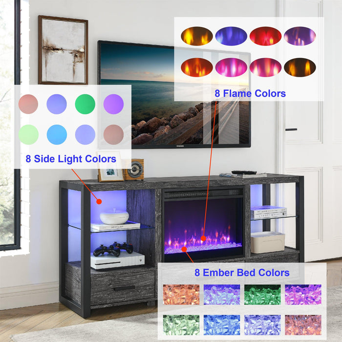 60 Inch Electric Fireplace Media TV Stand With Sync Colorful LED Lights-Dark rustic oak color - DTYStore