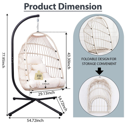 Outdoor Egg Hanging Chair with Stand, Patio Wicker Swing Egg Chair Indoor Swinging Chair Outdoor Hammock Egg Chair Off-white - Image 3