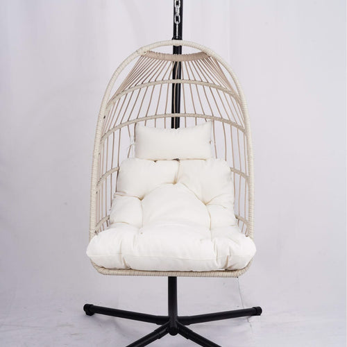Outdoor Egg Hanging Chair with Stand, Patio Wicker Swing Egg Chair Indoor Swinging Chair Outdoor Hammock Egg Chair Off-white - Image 17