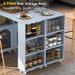 Rolling Kitchen Island With Extended Table, Kitchen Island on Wheels with LED Lights,Power Outlets and 2 Fluted Glass Doors, Kitchen Island with a Storage Compartment and Side 3 Open Shelves, Grey - DTYStore