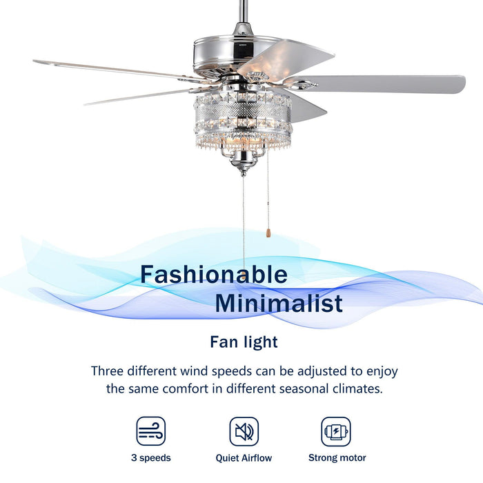 52'' Classical Crystal Ceiling Fan Lamp 5 Reversible Blades for Living Room, Dining Room, Bedroom, Family Room, Chrome (Hand Pull Chain) - DTYStore