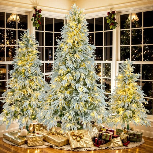 Pre-Lit Spruce Snow Flocked Christmas Tree Set-4FT, 6FT, 7.5FT, Artificial Hinged Xmas Tree with 800 Warm-Yellow & Colorful LED Lights, 8 Flashing Modes, Holiday Office Home Décor - Image 4