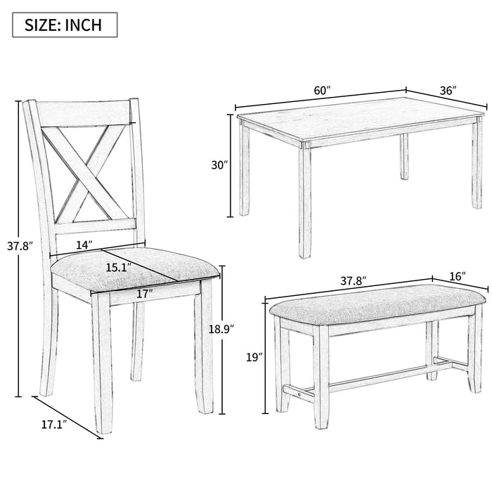 6-Piece Kitchen Dining Table Set Wooden Rectangular Table, 4 Chairs and Bench Family Furniture - DTYStore