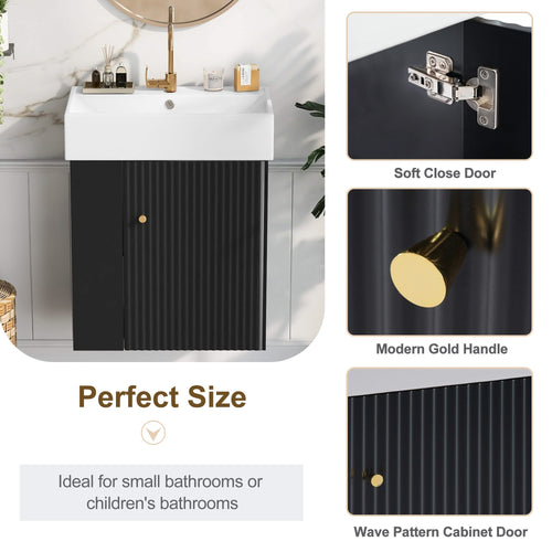 Modern Floating Bathroom Vanity with Ceramic Basin and Left Side Storage - Black, MDF, 21.6 inches - Image 6