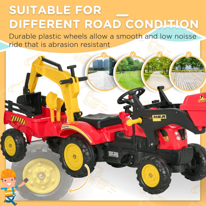 3 in 1 Kids Ride On Excavator/Bulldozer, Pedal Car Digger Toy Move Forward/Back with 6 Wheels and Detachable Cargo Trailer