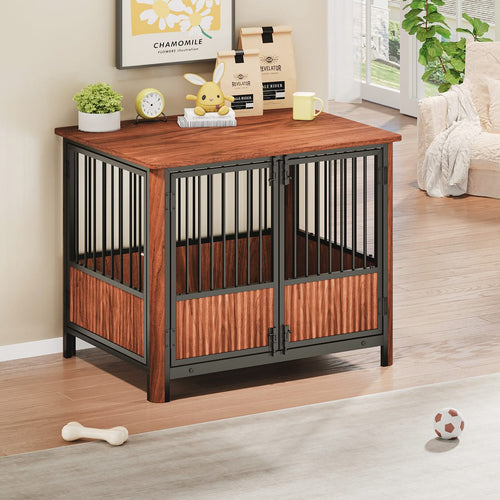 31.5'' Walnut Fluted Wood Furniture Style Dog Crate for small & Medium Dogs - Double Door Design, Decorative Pet House & Indoor Side End Table. - Image 3