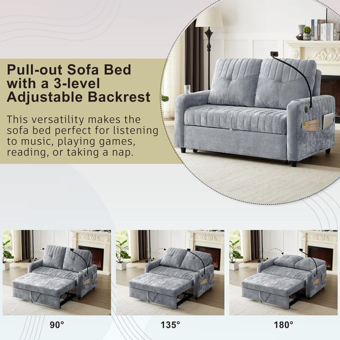 53.9" Modern Loveseat Pull-out Sofa Bed with Adjustable Backrest, Two Cup Holders , a Phone Holder, Three Charging Ports and Side Storage Pockets for Living Room, Grey - DTYStore