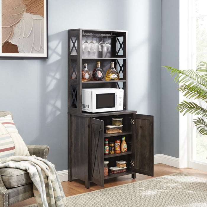 Coffee Bar Cabinet Kitchen Cabinet with Microwave Stand Metal Frame Side Home Source Bar Cabinet Cabinet and Hollow out Barn Design Wood Cabinet L26.77''*W15.75''*H67.32'' Charcoal Gray - DTYStore