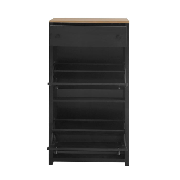 Functional Entryway Organizer with 2 Flip Drawers, Wood Grain Pattern Top Shoe Cabinet with Drawer, Free Standing Shoe Rack with Adjustable Panel for Hallway, Black - DTYStore