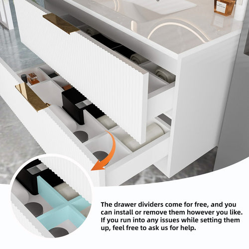 30 Inch Bathroom Vanity Cabinet With Ceramic Sink - White Wall Mounted Floating Fluted Vanity With Drawers, Modern - Image 3