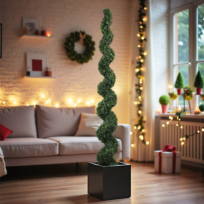 7FT Spiral Topiary Trees Artificial Outdoor Faux Boxwood Plants Large Twisted Green Potted Trees with Dark Green Leaves for Garden Front Porch Patio Planter Decoration, 1pc/set