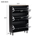 Narrow Design Tipping Bucket Shoe Cabinet with 3 Flip Drawers, Wood Grain Pattern Top Entryway Organizer with 3 Hooks, Free Standing Shoe Rack with Adjustable Panel for Hallway, Black - DTYStore