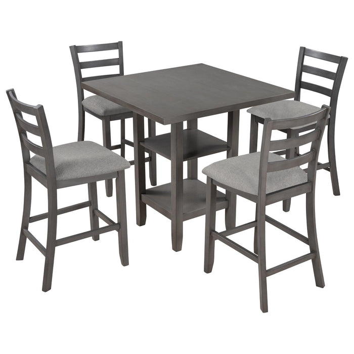 5-Piece Wooden Counter Height Dining Set with Padded Chairs and Storage Shelving - DTYStore
