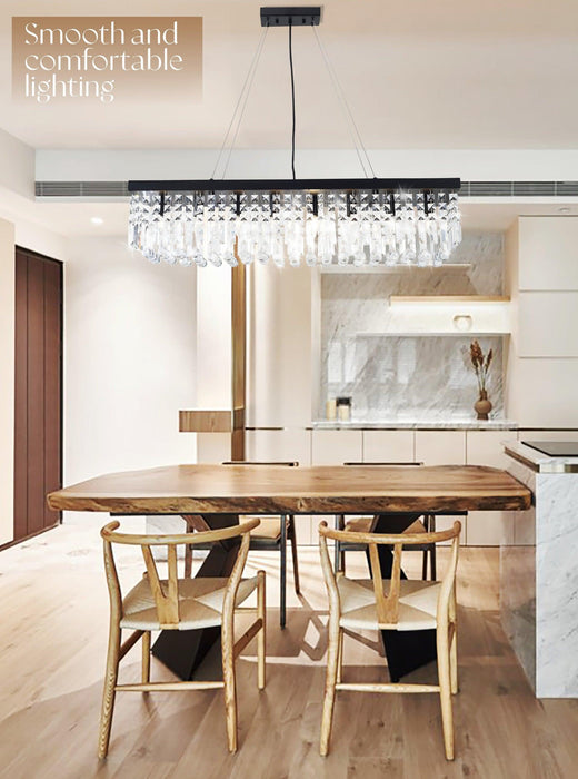 Modern Rectangle K9 Crystal Chandelier, Matte Black Iron E12 Bulb 8-Light Pendant Light For Dining Room Kitchen Room - DTYStore