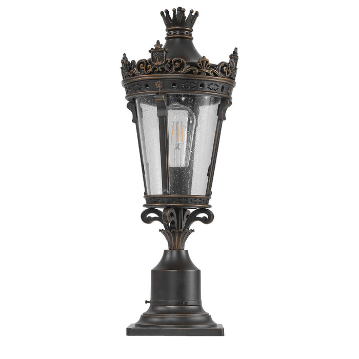 Vintage Crown Outdoor Post Lantern, Waterproof Decorative Table Lamp with Clear Glass Shade and Antique Metal Base for Garden, Patio, Porch, Pathway Lighting (One piece&No bulb)