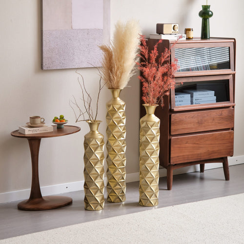 Metal Decorative Vase High Distress Metal Center Vase With 3D Triangle Pattern, Set Of 3 Vases for Home Decoration 33.5', 29.5', 25.2'High, Gold - Image 11