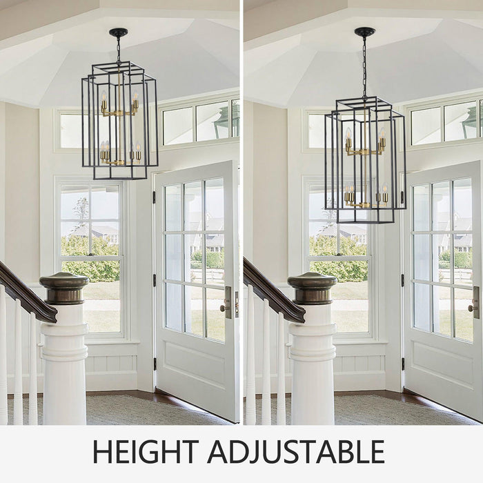 8-Lights Black & Gold Lantern Tiered Pendant Light Fixtures, Industrial Farmhouse Hanging Chandelier (No Bulbs)