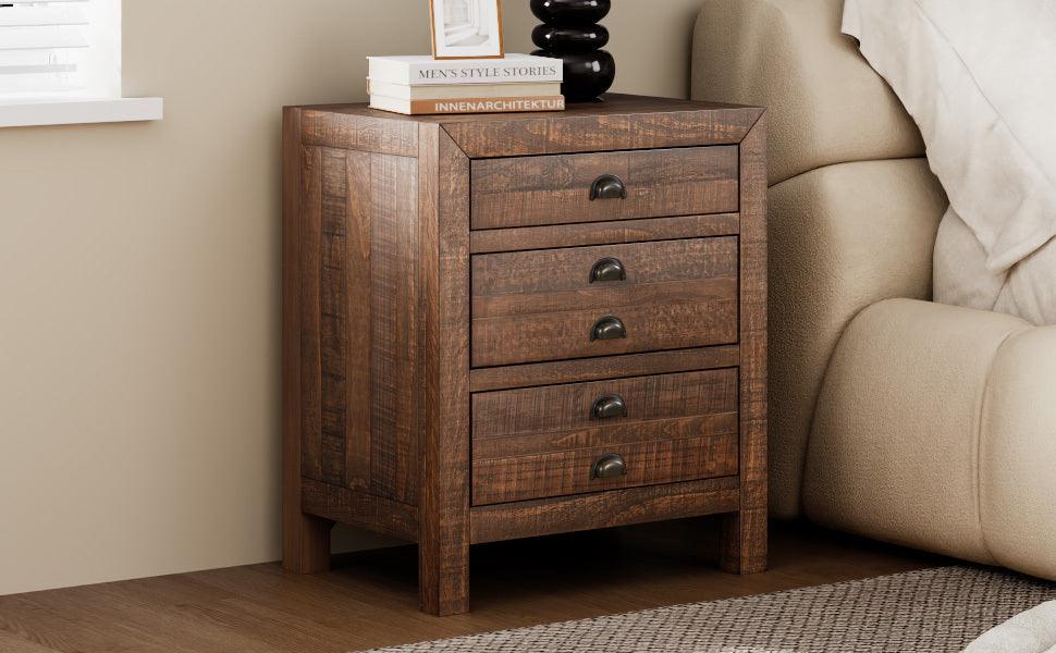 Rustic Farmhouse Style Three-Drawer Solid Pine Wood Nightstand with Cup Pulls and Integrated Charge Station - DTYStore
