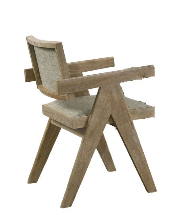 Contemporary 2pc Dining Arm Chairs Oak Veneer Fabric Upholstered Chairs Plank Arms Dining Room - DTYStore