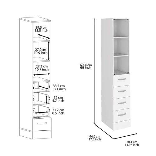 Linen Cabinet 68' H, Three Shelves, Four Drawers and Metal handles, White - Image 3