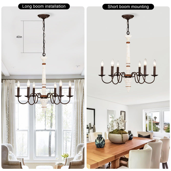 Retro White and Rust Color Chandelier With Light Fixture 6 Light (E12 NO include Bulb) Pendant Light Fixtures for Dining Room, Lobby, Kitchen, Bedroom, Living Room, Conference Room, Home Office