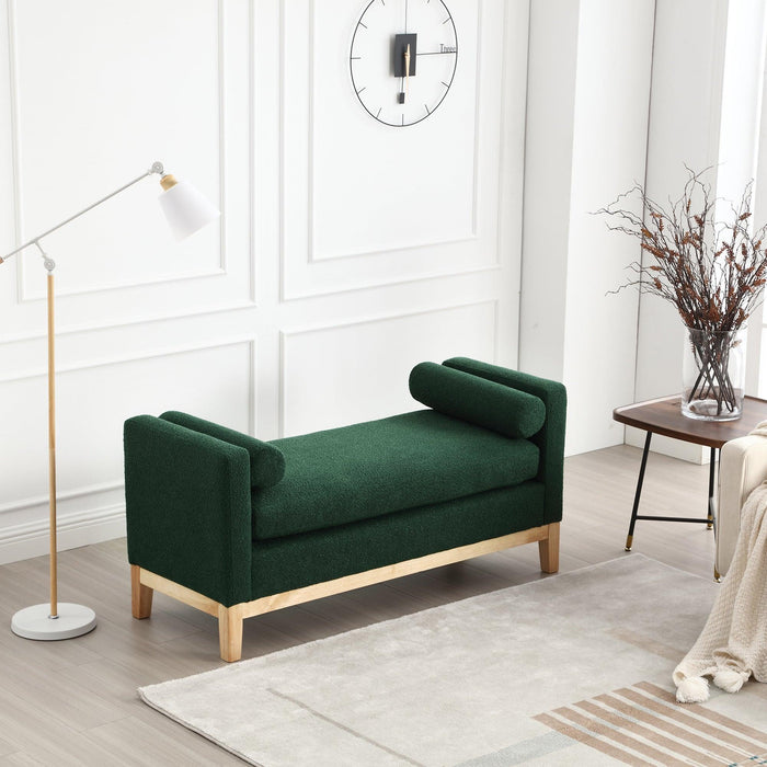 53.5"W Elegant Upholstered Bench, Ottoman with Wood Legs & Bolster Pillows for End of Bed, Bedroom, Living Room, Entryway, Green - DTYStore