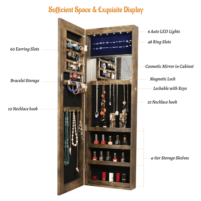 Fashion Simple Jewelry Storage Mirror Cabinet With LED Lights Can Be Hung On The Door Or Wall - DTYStore
