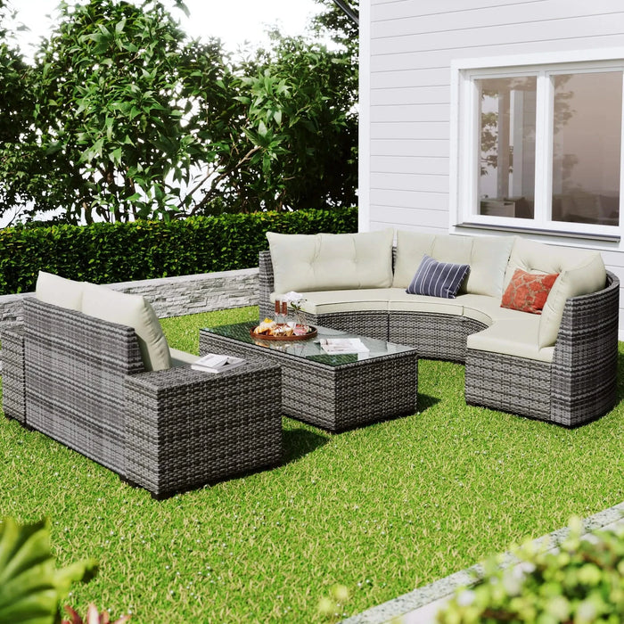 8-Piece Outdoor Wicker Round Sofa Set with Rectangular Coffee Table Default -DTYStore
