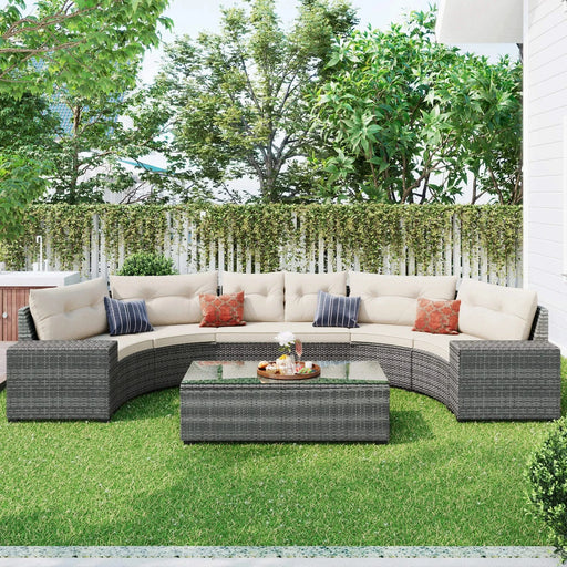 8-Piece Outdoor Wicker Round Sofa Set with Rectangular Coffee Table Default -DTYStore