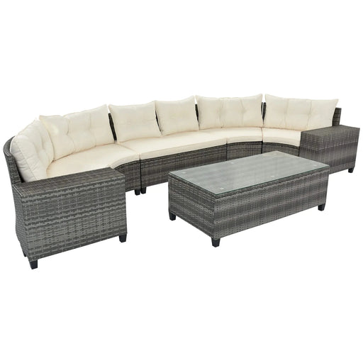 8-Piece Outdoor Wicker Round Sofa Set with Rectangular Coffee Table Default -DTYStore