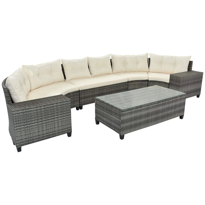 8-Piece Outdoor Wicker Round Sofa Set with Rectangular Coffee Table Default -DTYStore